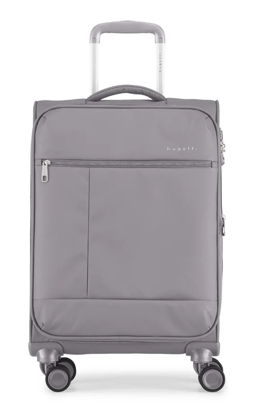 A gray Sift Shell spinner suitcase with an extended telescoping handle, a top carry handle, and four multi-directional wheels, shown against a plain white background.